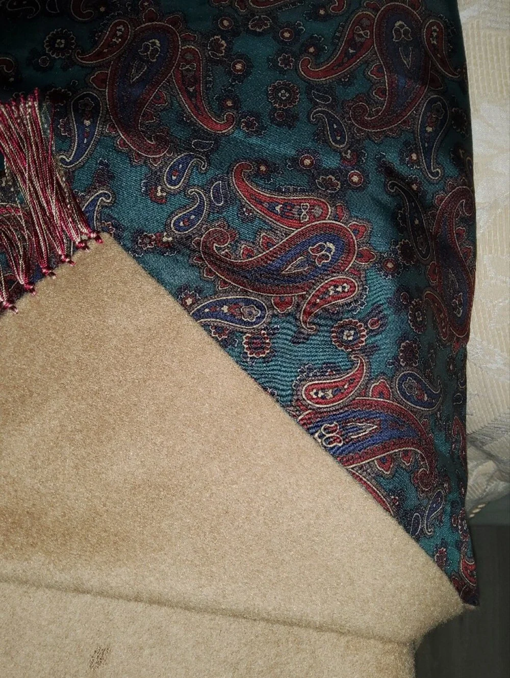 Classic Men's Camel Reversible Scarf with Paisley Lining